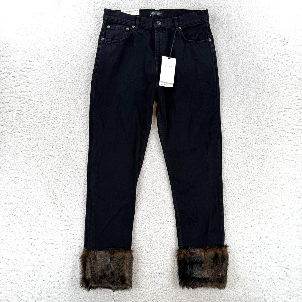 Zara The Vintage High Rise Jeans Womens 4 Black Fur Hem Tapered Denim 8246/266